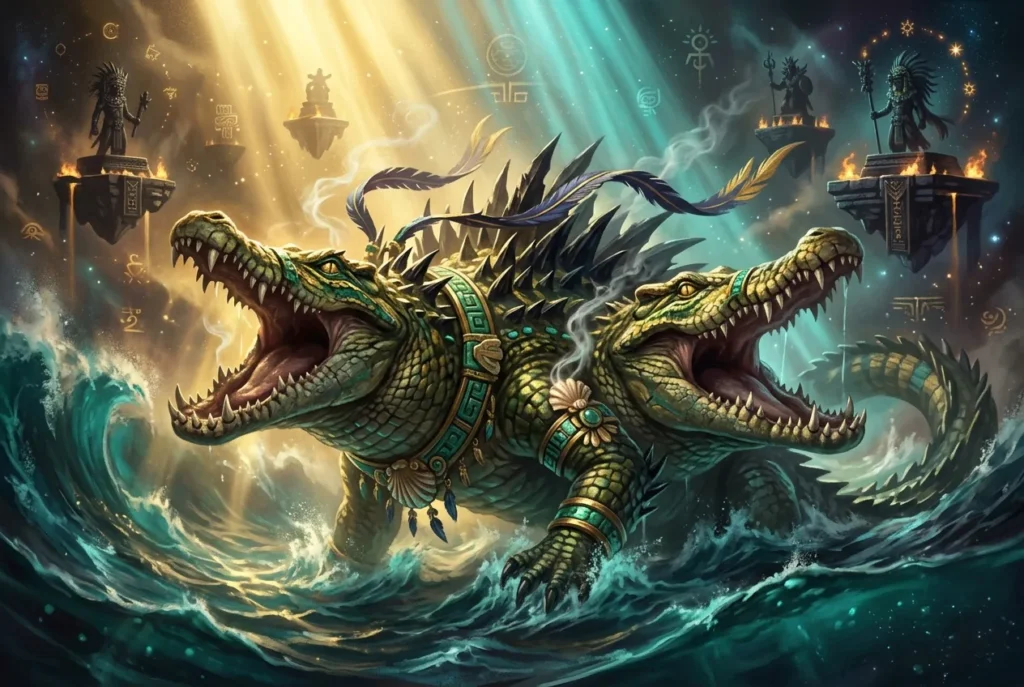 Cipactli criatura primordial azteca - monstruo marino mítico de la cosmogonía mexica con atributos de reptil y pez