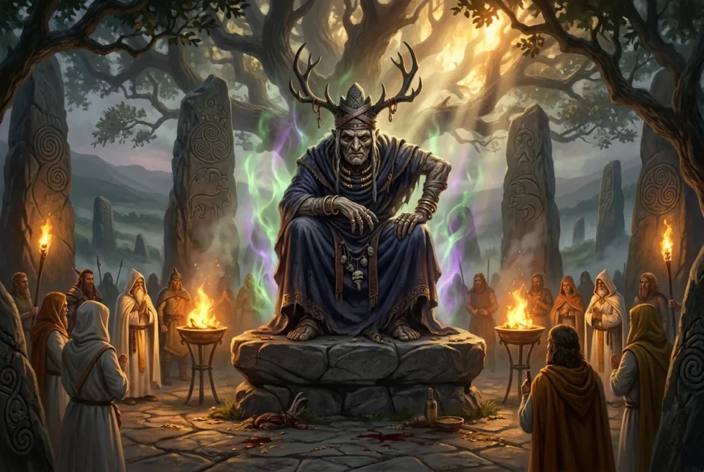 Crom Cruach ídolo celta oscuro de la mitología celta antigua asociado con rituales y sacrificios pre-cristianos