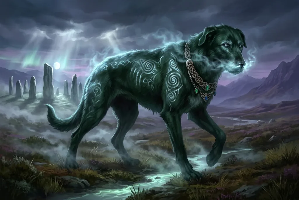 Cu Sith, el perro sobrenatural de la mitología celta escocesa, criatura mística de las Highlands