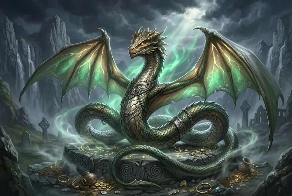Cuélebre serpiente mítica alada de la mitología asturiana y cántabra, criatura legendaria