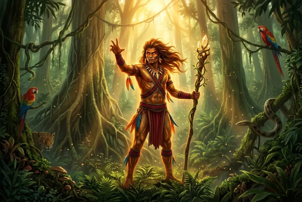 Curupira criatura mitológica brasileña protector selva amazónica con cabello rojo fuego