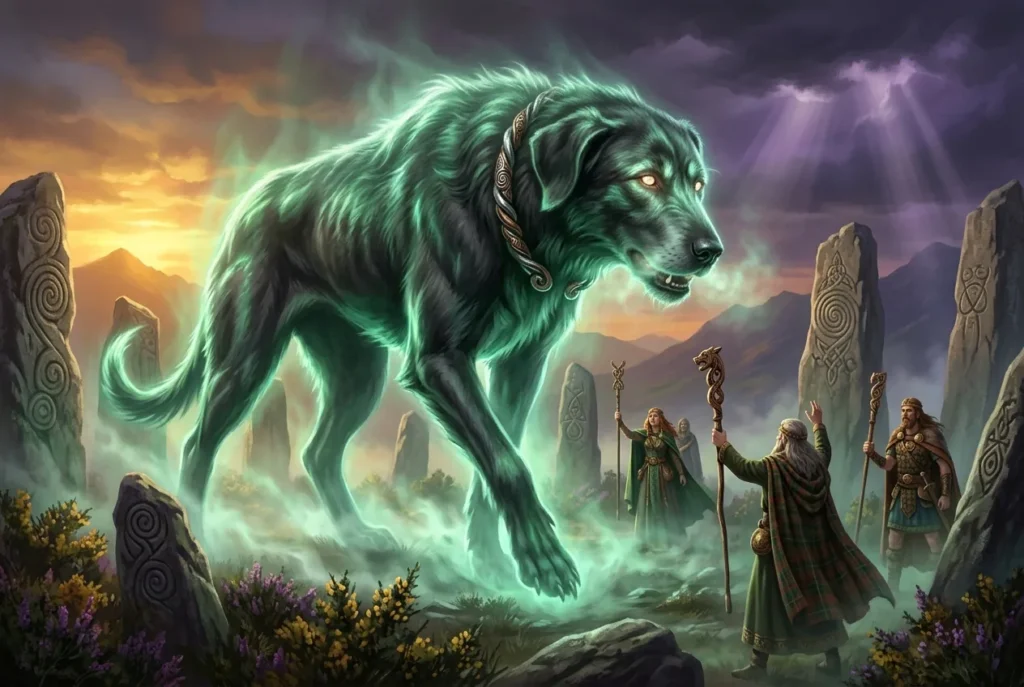 Cusith, el sabueso mítico gigante de la mitología celta con ojos brillantes en las Highlands escocesas