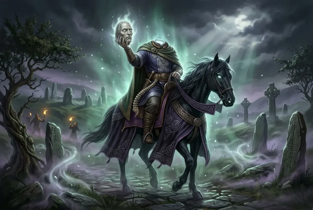 Dullahan jinete sin cabeza mitología celta irlandesa cabalgando caballo negro