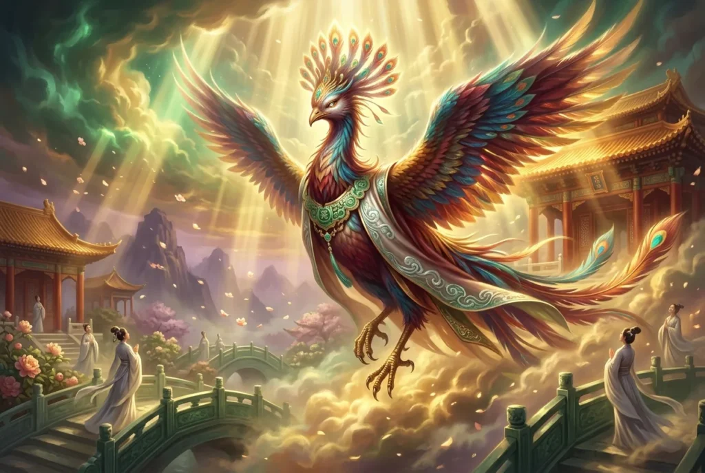 Feng Huang ave fénix china mitología plumaje multicolor criatura legendaria