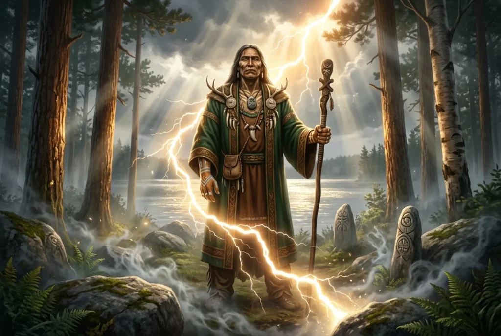 Glooscap, héroe cultural Mi'kmaq de la mitología algonquina, representado como figura poderosa y sabia