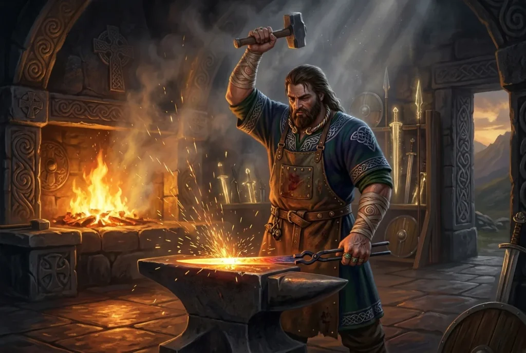 Govannon dios herrero celta forjando en su fragua divina, símbolo de maestría y poder del fuego en la mitología celta
