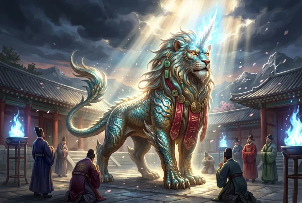Haetae criatura mitología coreana león cuerno escamas guardián justicia