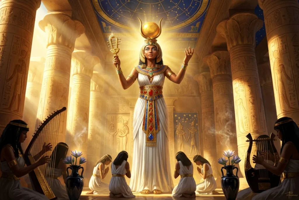 Hathor, la diosa egipcia del amor y la alegría, representada con sus característicos cuernos y disco solar en la mitología antigua