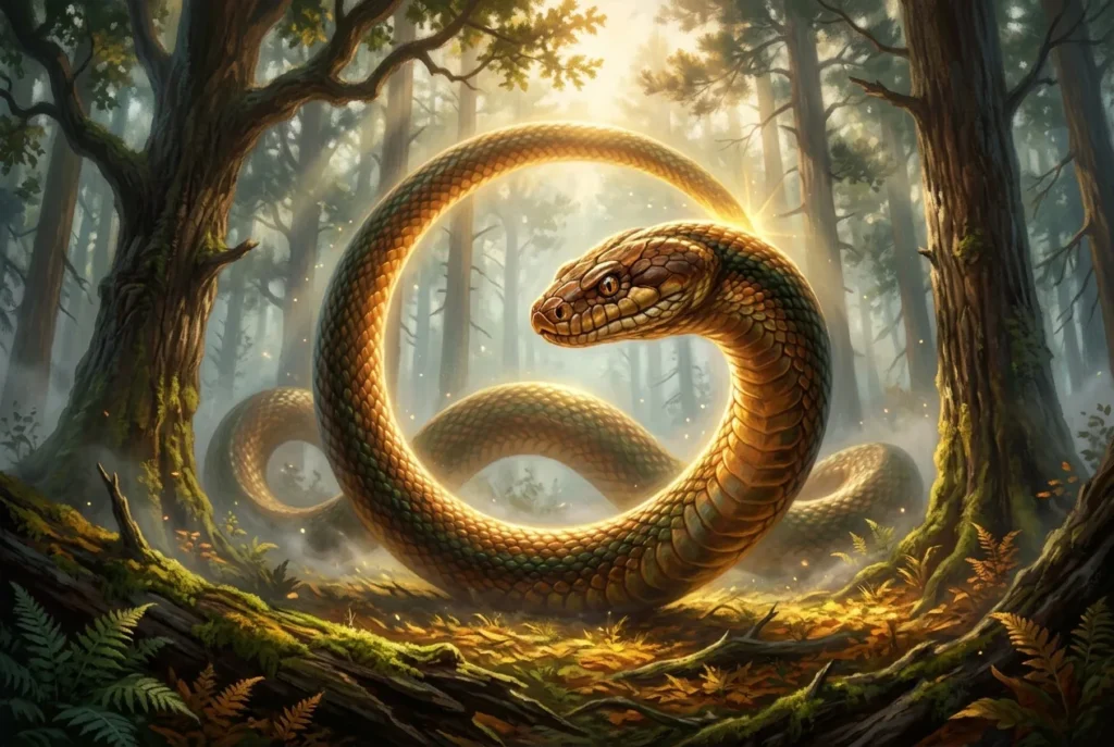 Hoop Snake criatura mitológica americana enrollada en círculo persiguiendo presa en bosque oscuro