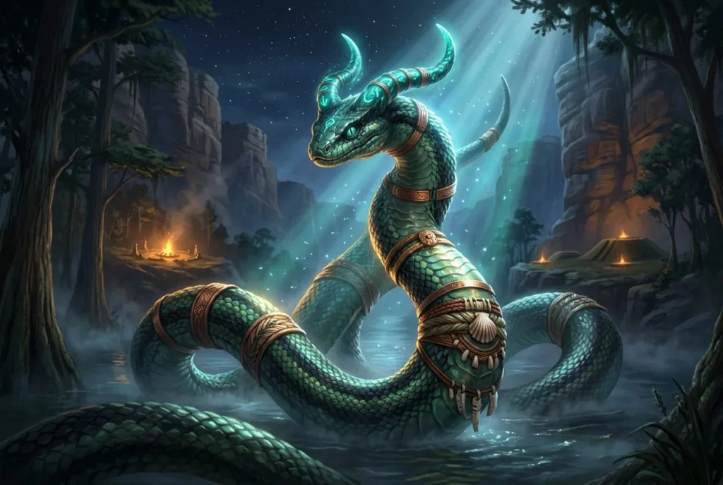 Serpiente Cornuda mitología americana: criatura mítica con cuernos símbolo de poder, lluvia y fertilidad