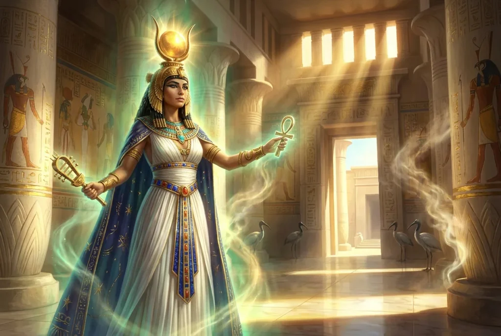 Isis diosa egipcia antigua con corona y alas, símbolo de maternidad y magia en la mitología egipcia
