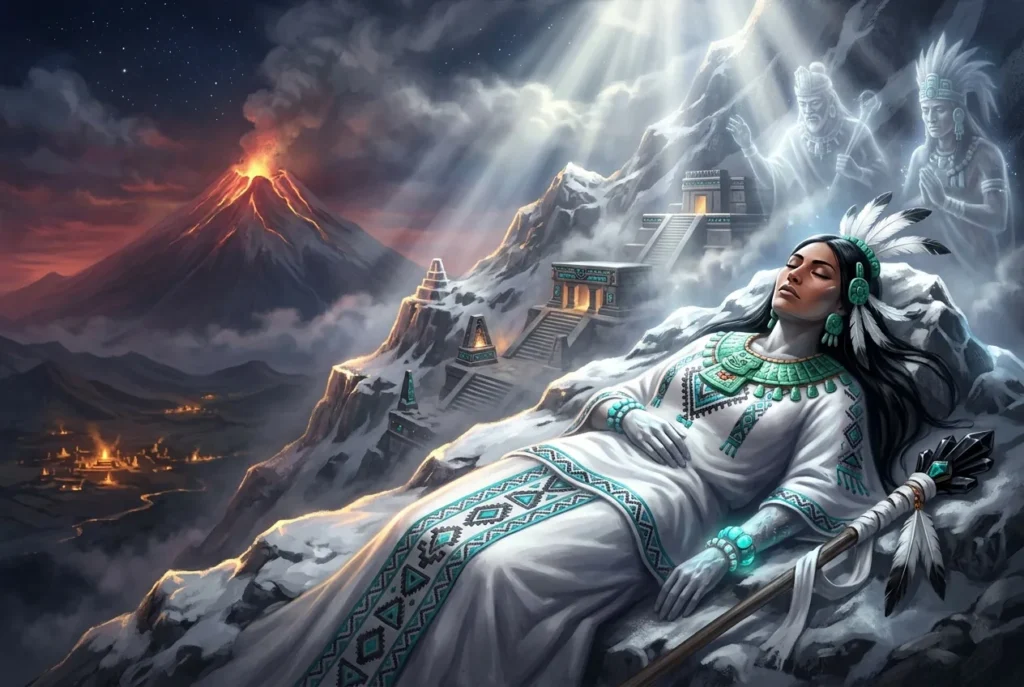 Iztaccíhuatl la mujer dormida mitología azteca, volcán nevado México representación cultura prehispánica