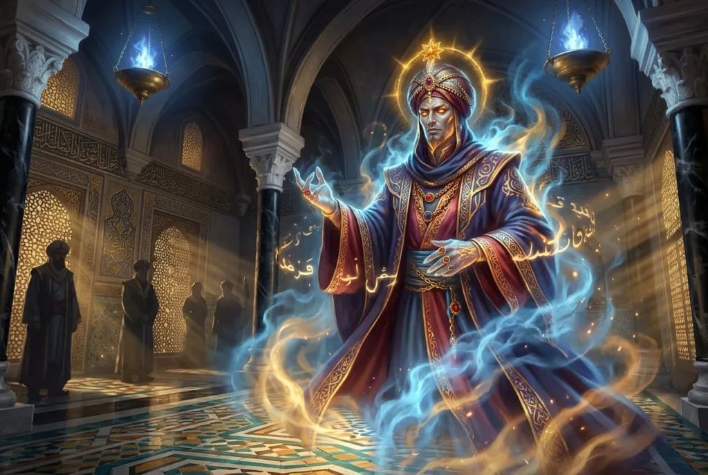 Jinn mitología árabe criatura mística envuelta en humo y fuego sobre fondo oscuro