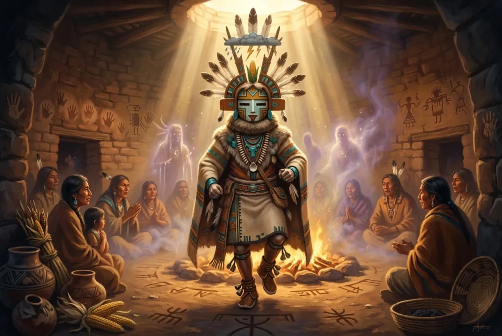 Kachina figura espiritual de la mitología Hopi y Pueblo del sudoeste americano, criatura sagrada con máscara ceremonial