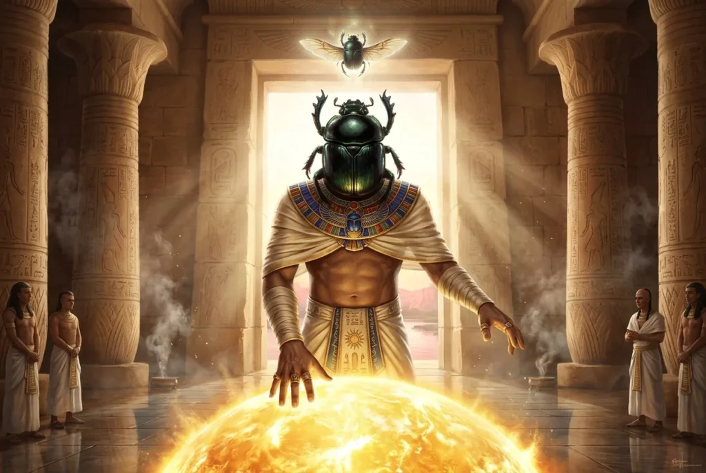 Khepri dios egipcio con cabeza de escarabajo, símbolo del amanecer y renacimiento en la mitología antigua