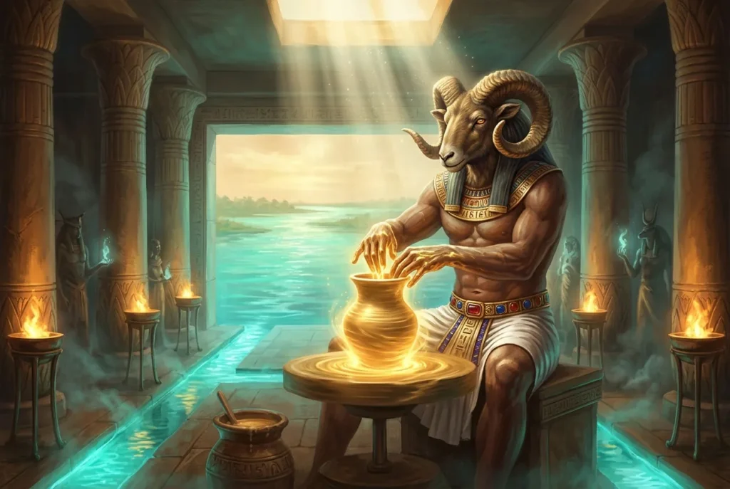 Khnum dios alfarero egipcio con cabeza de carnero moldeando vida en torno celestial mitología