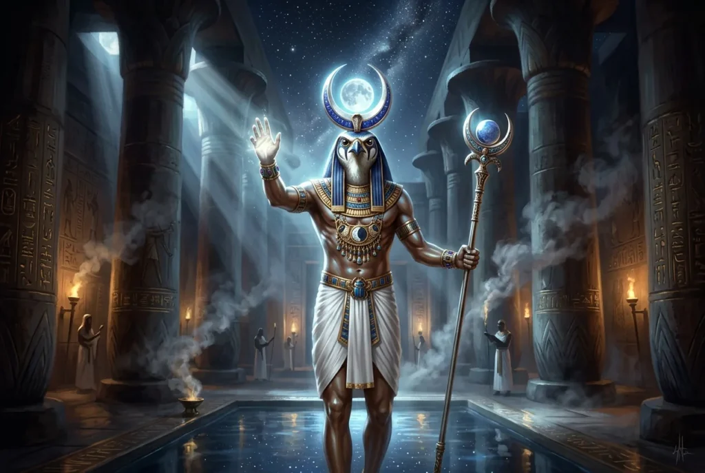 Khonsu dios lunar egipcio con disco lunar y báculo, mitología egipcia antigua