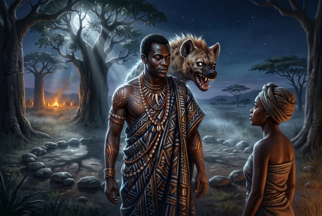 Kishi criatura mitología africana dual con rostro humano y cuerpo de león representando seducción y engaño