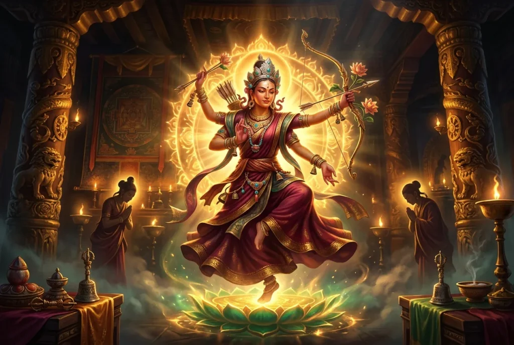 Kurukulla deidad budista tántrica de cuatro brazos con arco y flechas de loto, mitología tibetana