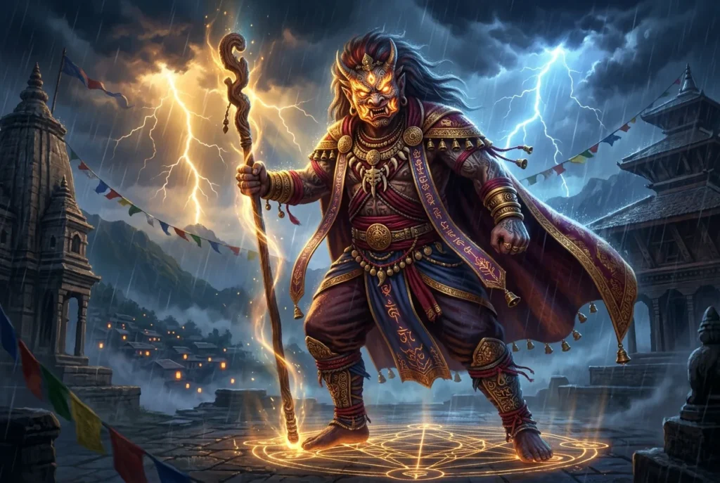 Lakhey demonio danzante mitología nepalí folklore asiático criatura legendaria