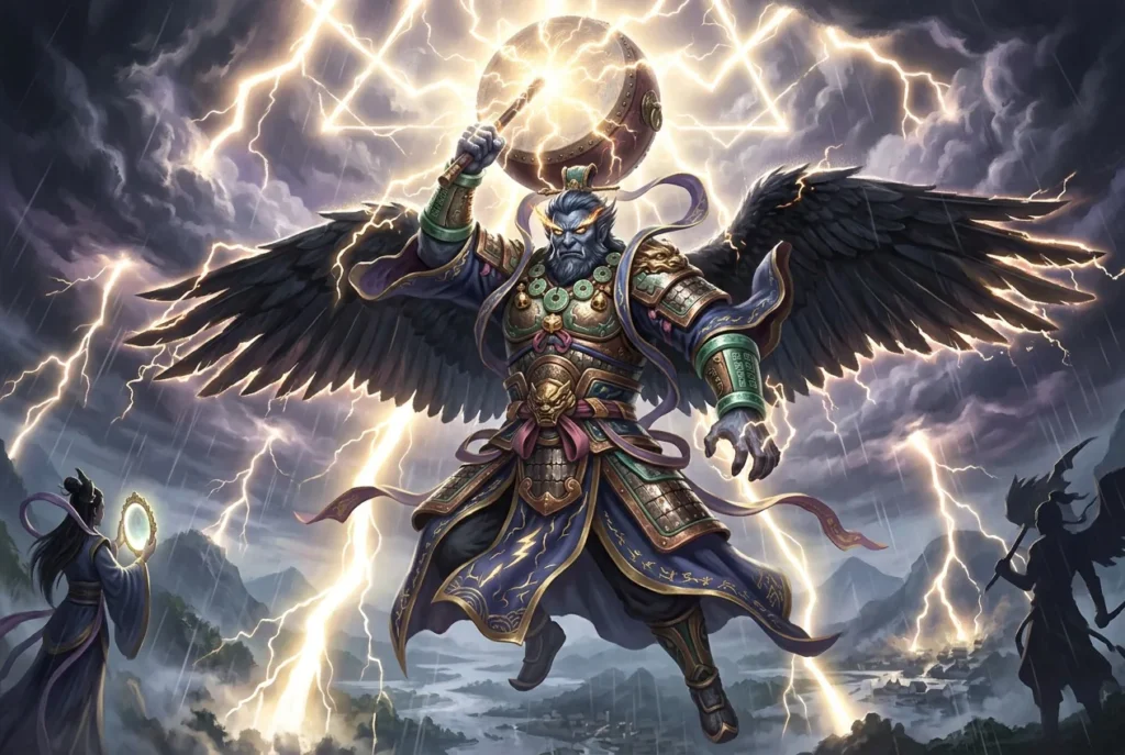 Lei Gong, el Señor del Trueno de la mitología china, deidad celestial con tambor de trueno