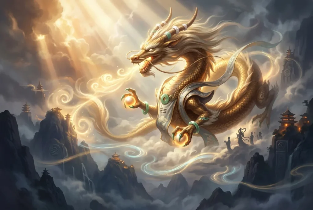 Dragón Lóng chino mítico de la cultura china, criatura mitológica símbolo de sabiduría y poder