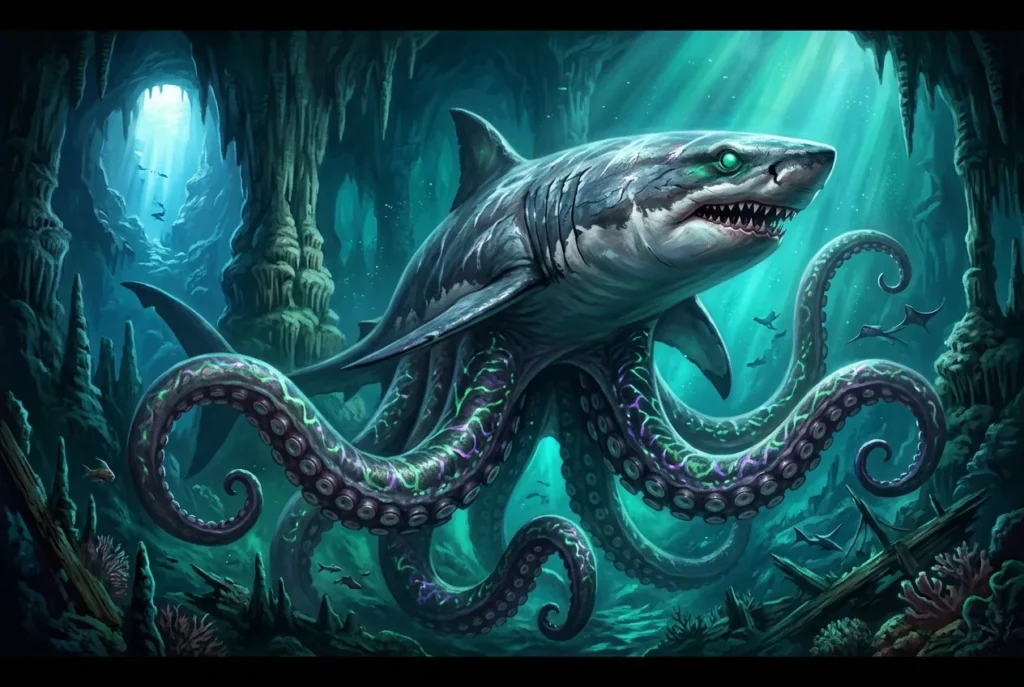 Lusca criatura mitología caribeña híbrido tiburón pulpo gigante Blue Holes Caribe