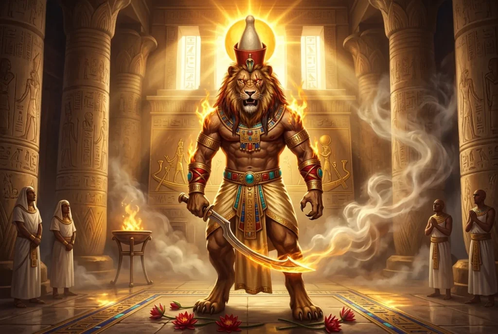 Maahes dios egipcio con cabeza de león, deidad de la guerra y protección en la mitología del antiguo Egipto