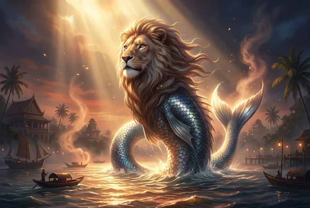 Merlion criatura mitológica asiática con cabeza de león y cuerpo de pez, emblema símbolo nacional de Singapur