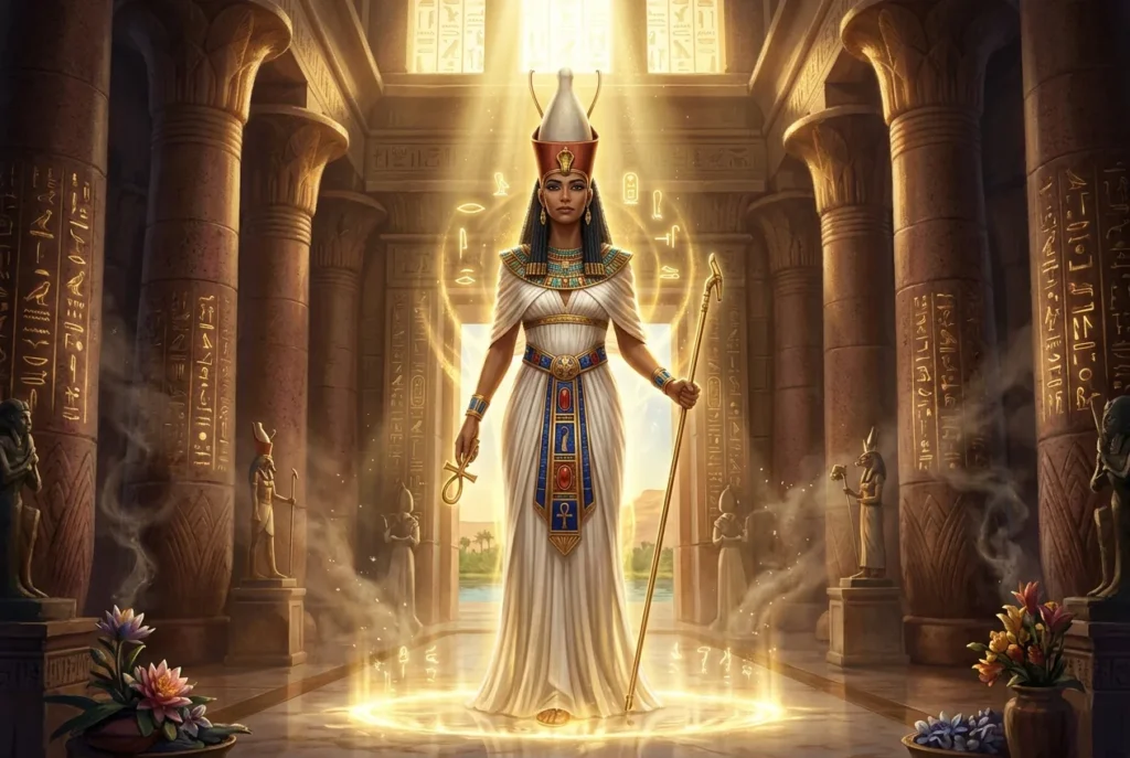 Mut diosa madre egipcia, deidad mitología antigua Egipto con corona y alas
