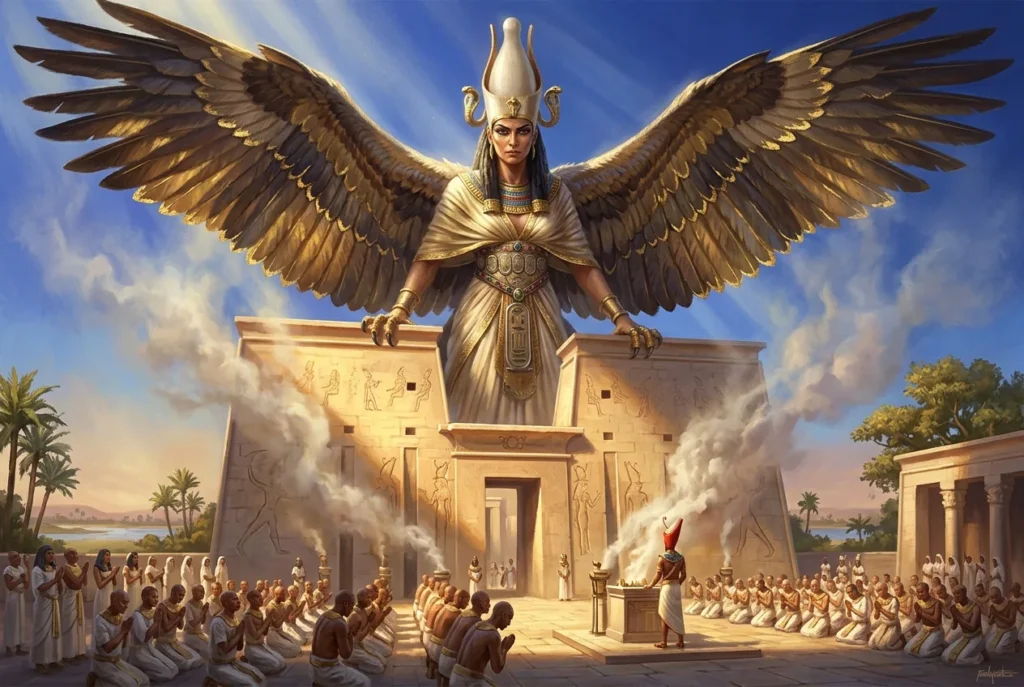 Nekhbet, diosa egipcia representada como buitre majestuoso, protectora del faraón y el Alto Egipto en la mitología antigua