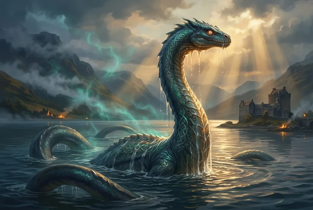 Nessie el Monstruo del Lago Ness emergiendo de las aguas brumosas de Escocia, legendaria criatura de la mitología escocesa