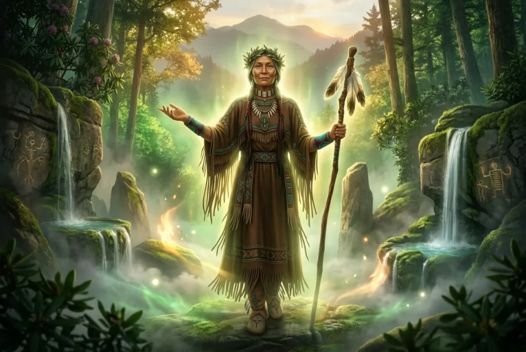 Nunnehi criatura espiritual Cherokee de la mitología nativa americana, ser guardián de los bosques y montañas