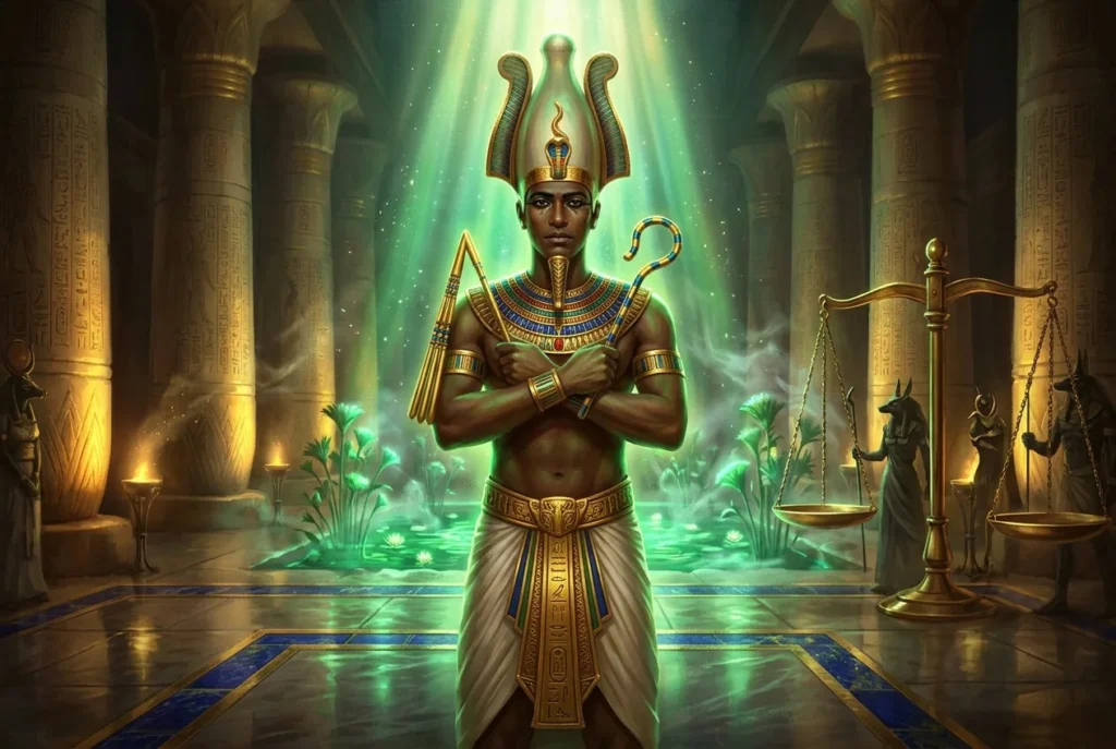 Osiris dios egipcio de la resurrección y el más allá con corona Atef, mitología antigua egipcia