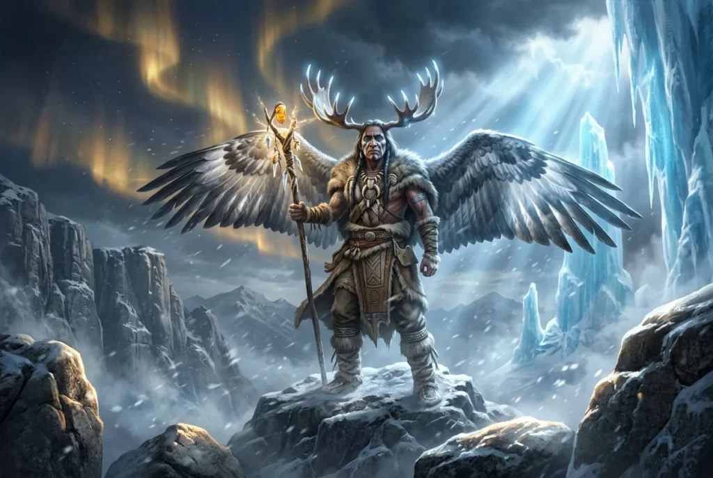 Pamola, espíritu de la montaña algonquina con forma híbrida de águila y humano, guardián del Monte Katahdin en la mitología penobscot