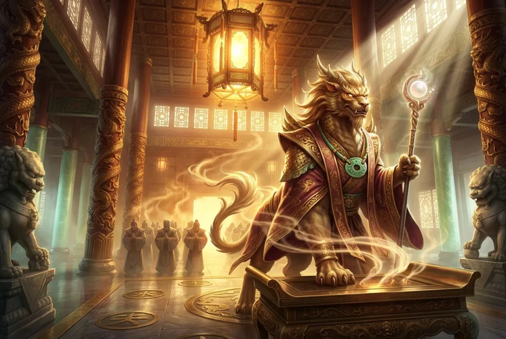 Panhu, guardián celestial dragón de la mitología china antigua, criatura divina con atributos draconianos