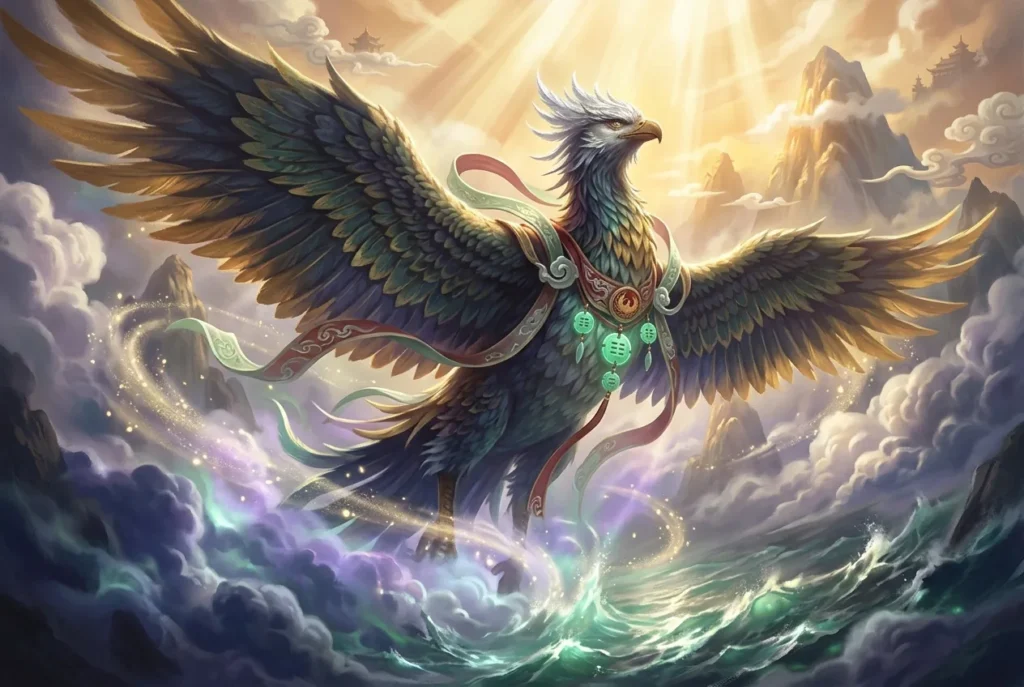 Peng, ave mitológica gigante de la China antigua transformada del pez Kun según el Zhuangzi
