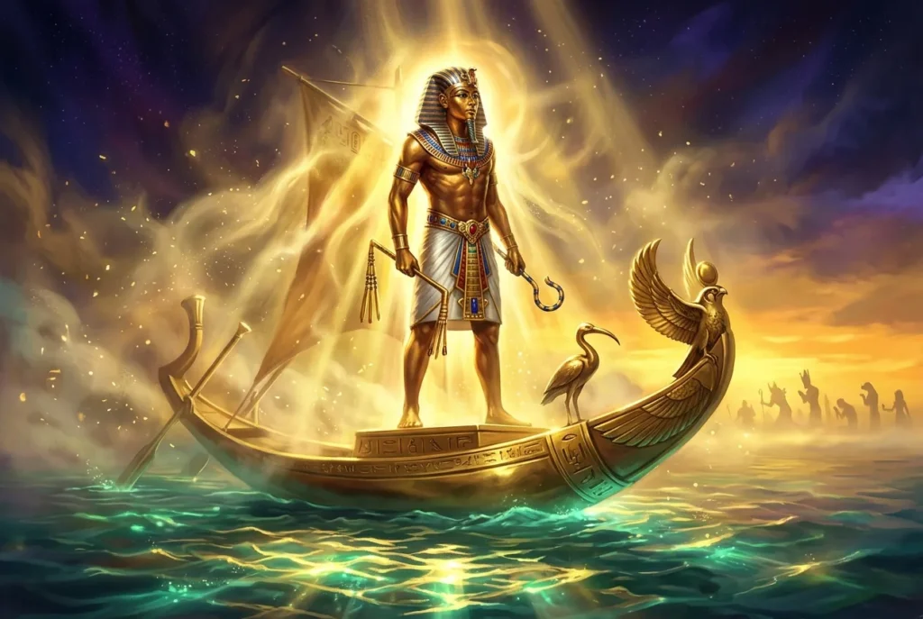 Rá, el dios solar egipcio con cabeza de halcón y disco solar dorado, representación de la mitología egipcia antigua