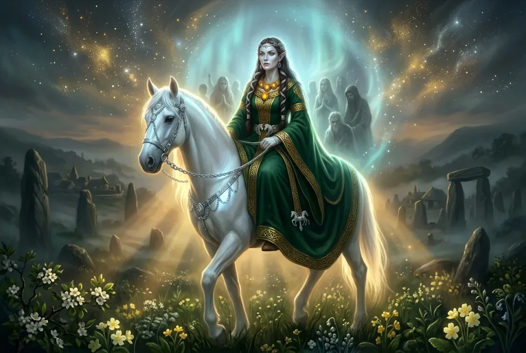 Rhiannon diosa mitología galesa celta con caballo blanco, símbolo de soberanía y magia