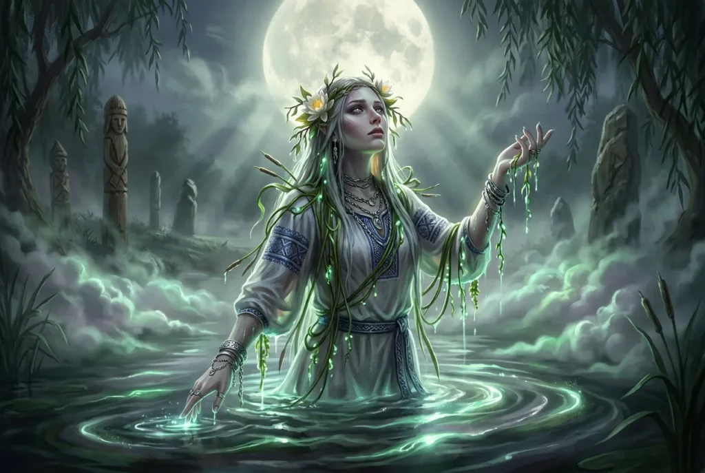 Rusalka, espíritu acuático de la mitología eslava emergiendo del agua con características de mujer y ser sobrenatural