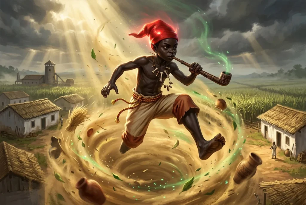 Saci criatura mitología brasileña: joven piel oscura un pie gorro rojo pipa folclore Brasil