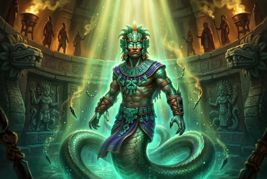 Sahuagin criatura mitología azteca - ser acuático de las profundidades en leyenda prehispánica