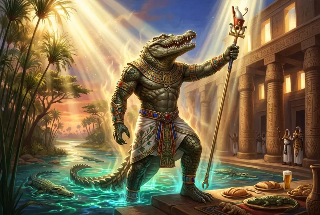 Sebek dios cocodrilo egipcio del Nilo, deidad de fertilidad y protección en mitología antigua