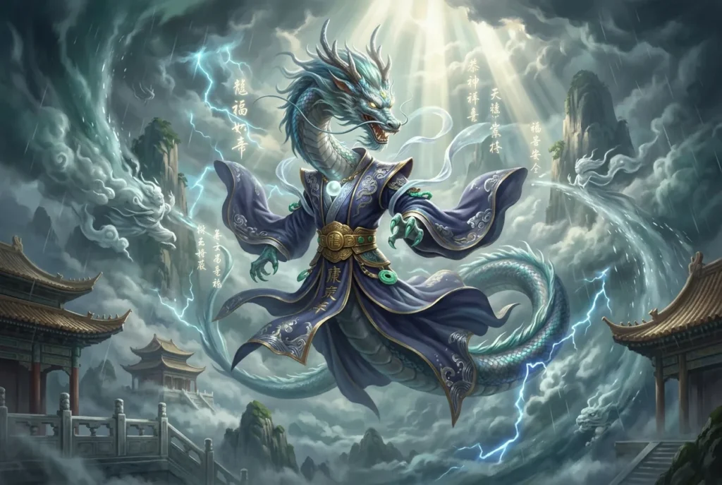 Shenlong dragón espiritual de la mitología china que gobierna vientos y lluvias, deidad agrícola ancestral