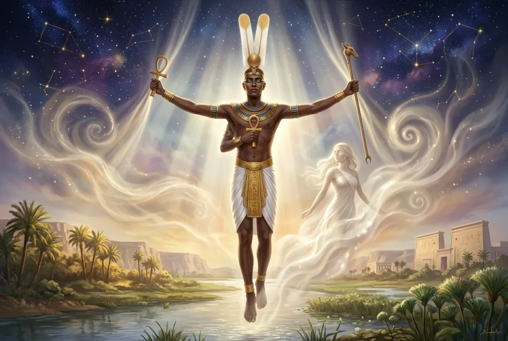 Shu, deidad egipcia del aire y la luz, separando la tierra del cielo en la mitología egipcia antigua