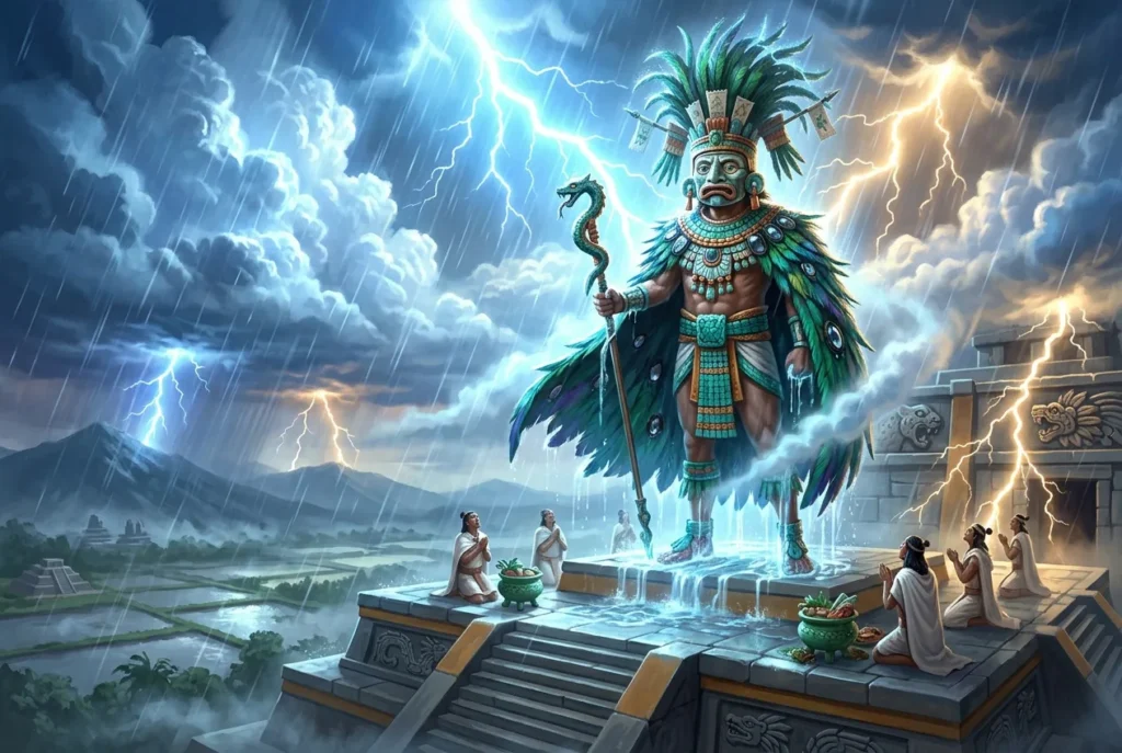 Tlaloc dios azteca de la lluvia y tormentas, mitología mexica prehispánica