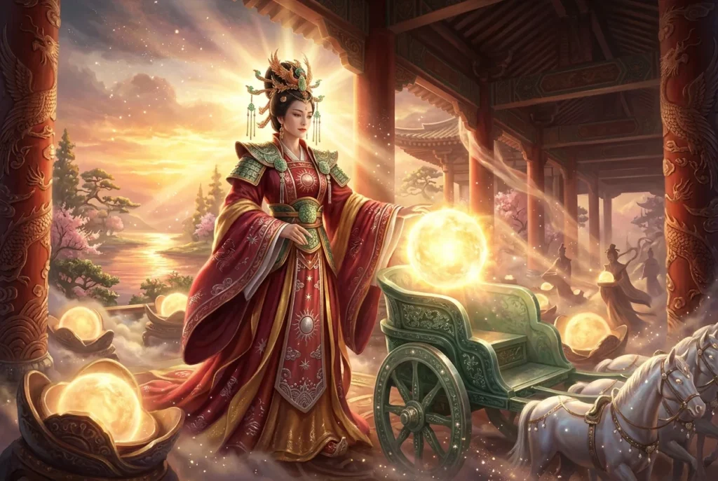 Xi He, diosa del sol en la mitología china antigua, representada con atuendo celestial y aura dorada