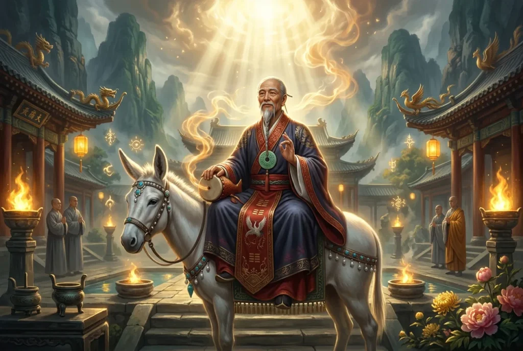 Zhang Guo Lao, uno de los Ocho Inmortales de la mitología china, montando su burro blanco al revés en ilustración tradicional taoísta