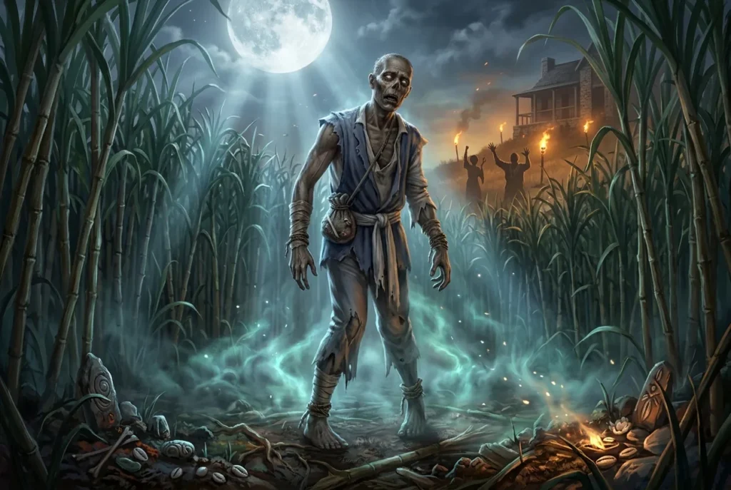 Zombie de la mitología caribeña representado en arte tradicional, criatura legendaria del folclore haitiano y caribbeño