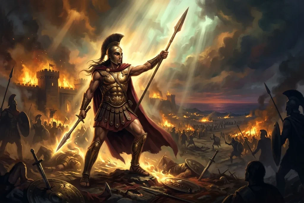 Aquiles el héroe de la mitología griega, guerrero de la Guerra de Troya con armadura y lanza